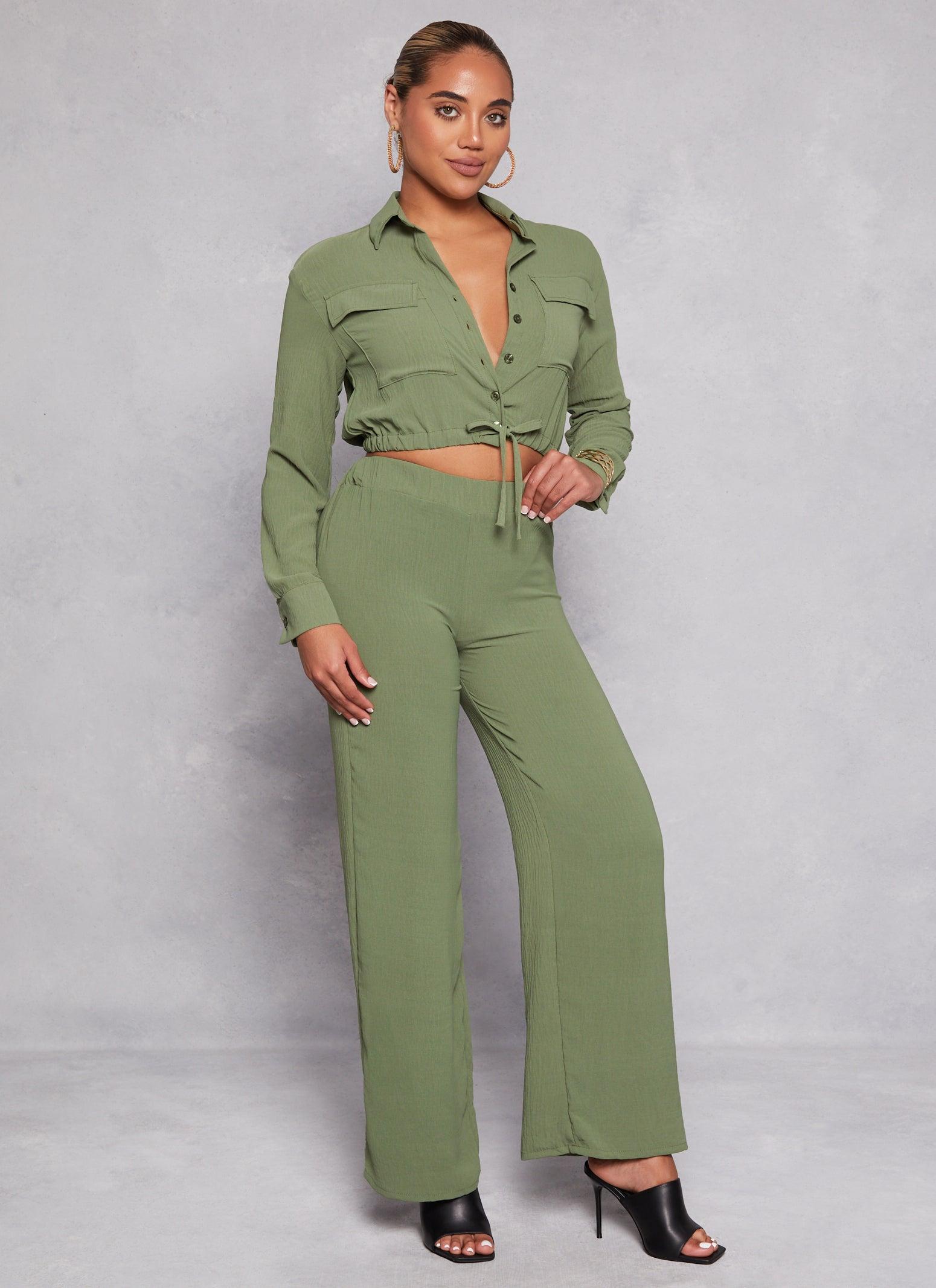 Womens Crepe Knit Cropped Shirt and Pants Set Product Image