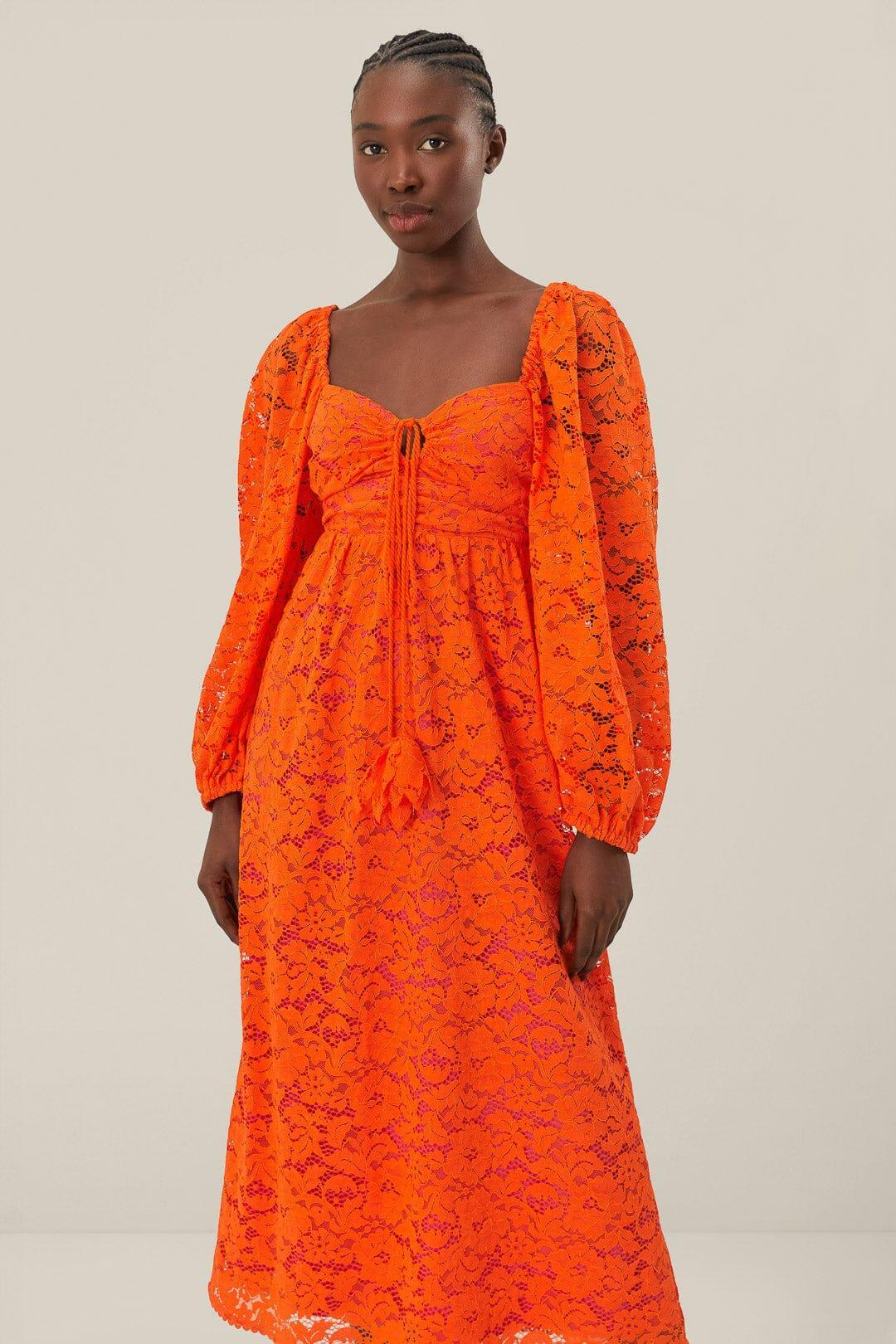 Orange Lace Long Sleeve Midi Dress Product Image