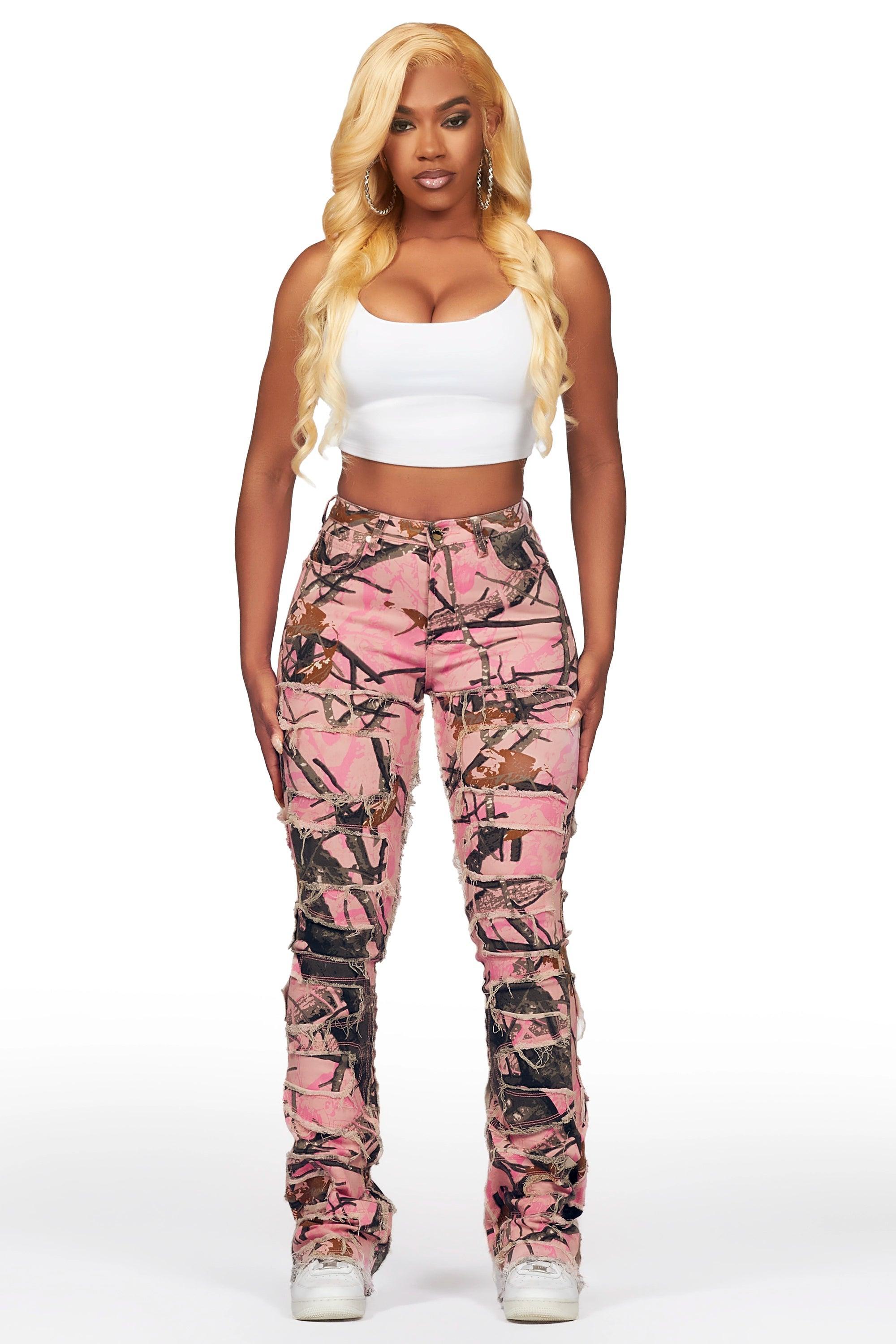 Zariyah Pink Tree Camo Stacked Flare Jean Female Product Image