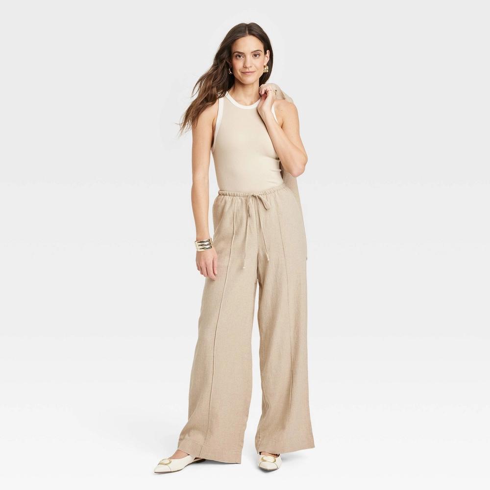 Womens High-Rise Wide Leg Linen Pull-On Pants - A New Day Tan M Product Image