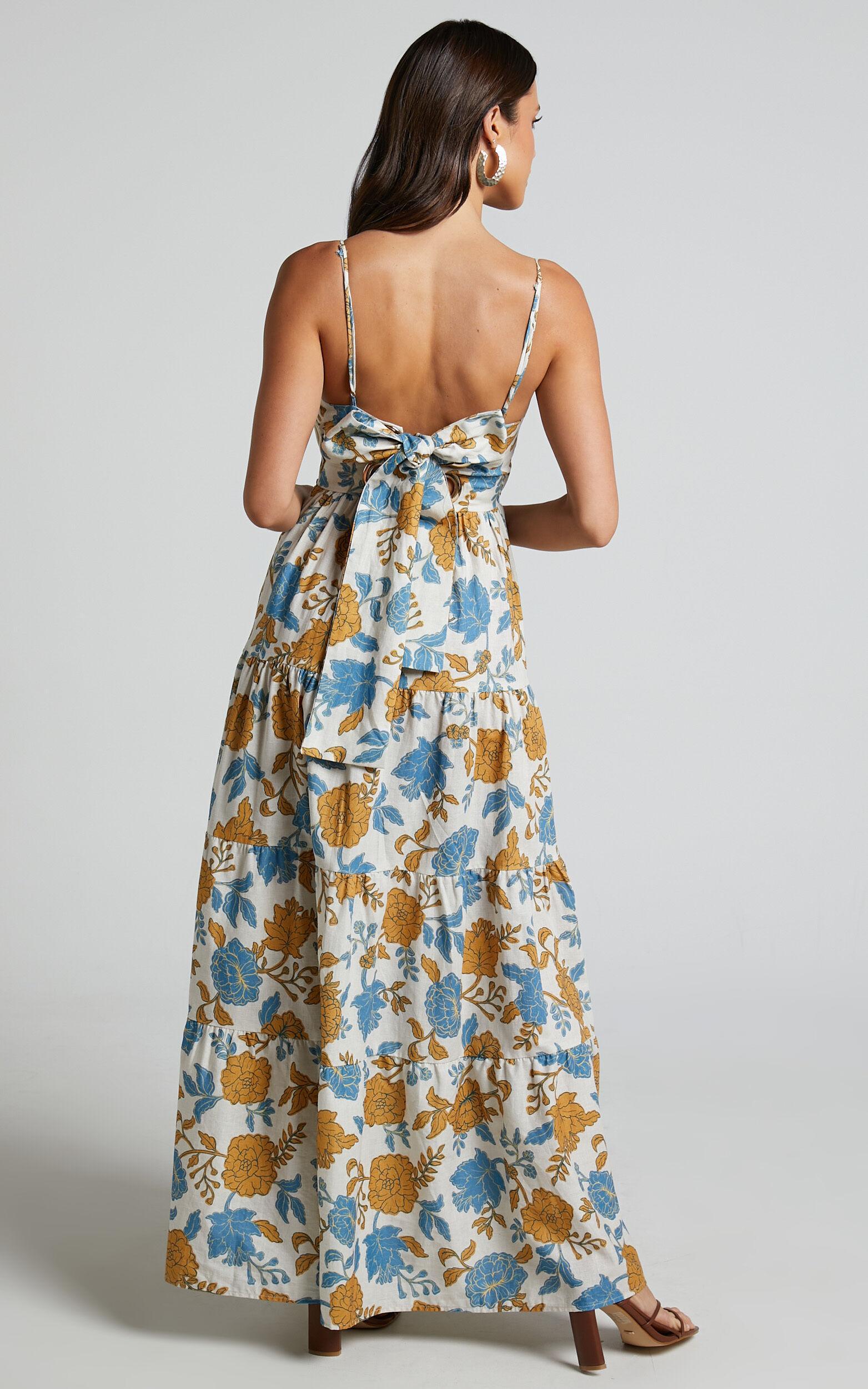 Amalie The Label - Emerita Linen Blend Sweetheart Twist Front Tie Back Midi Dress in Valencia Floral Product Image