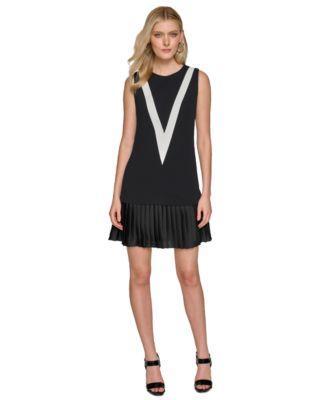 Karl Lagerfeld Paris Womens Jewel-Neck Pleat-Hem Dress - Blk Product Image