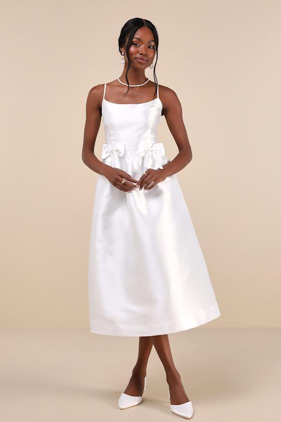 Classy Aesthetic White Taffeta Bow Midi Dress With Pockets product image