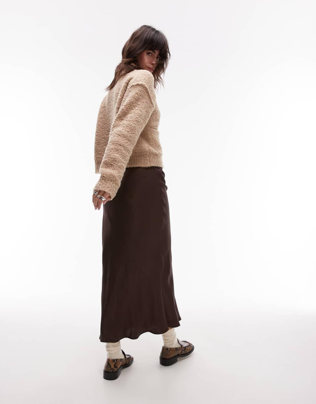 Topshop satin bias midi skirt in brown Product Image