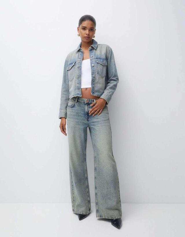 Pull&Bear oversized baggy low waist jeans in washed blue Product Image