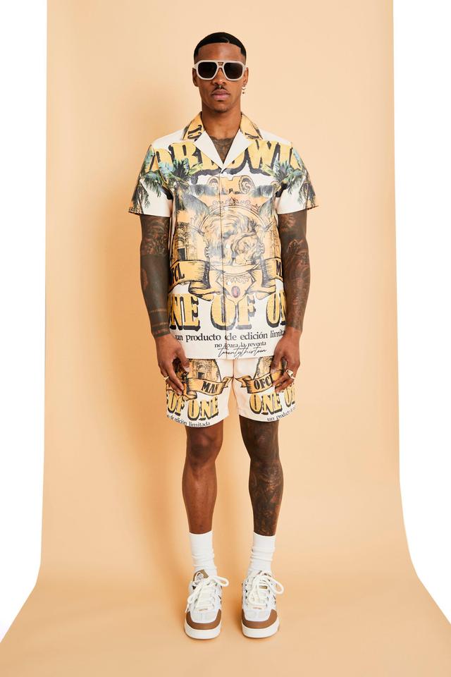 Mens Beige Short Sleeve Revere Pu Graphic Shirt & Short Set, Beige Product Image