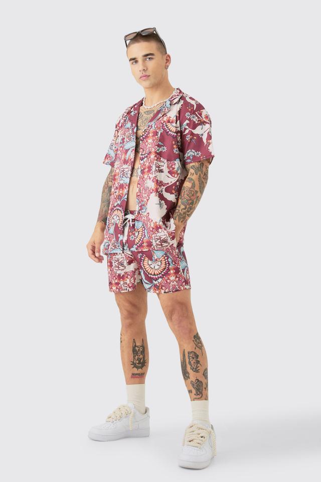 Mens Red Oversized Ripstop Floral Shirt & Swim Short Set, Red Product Image