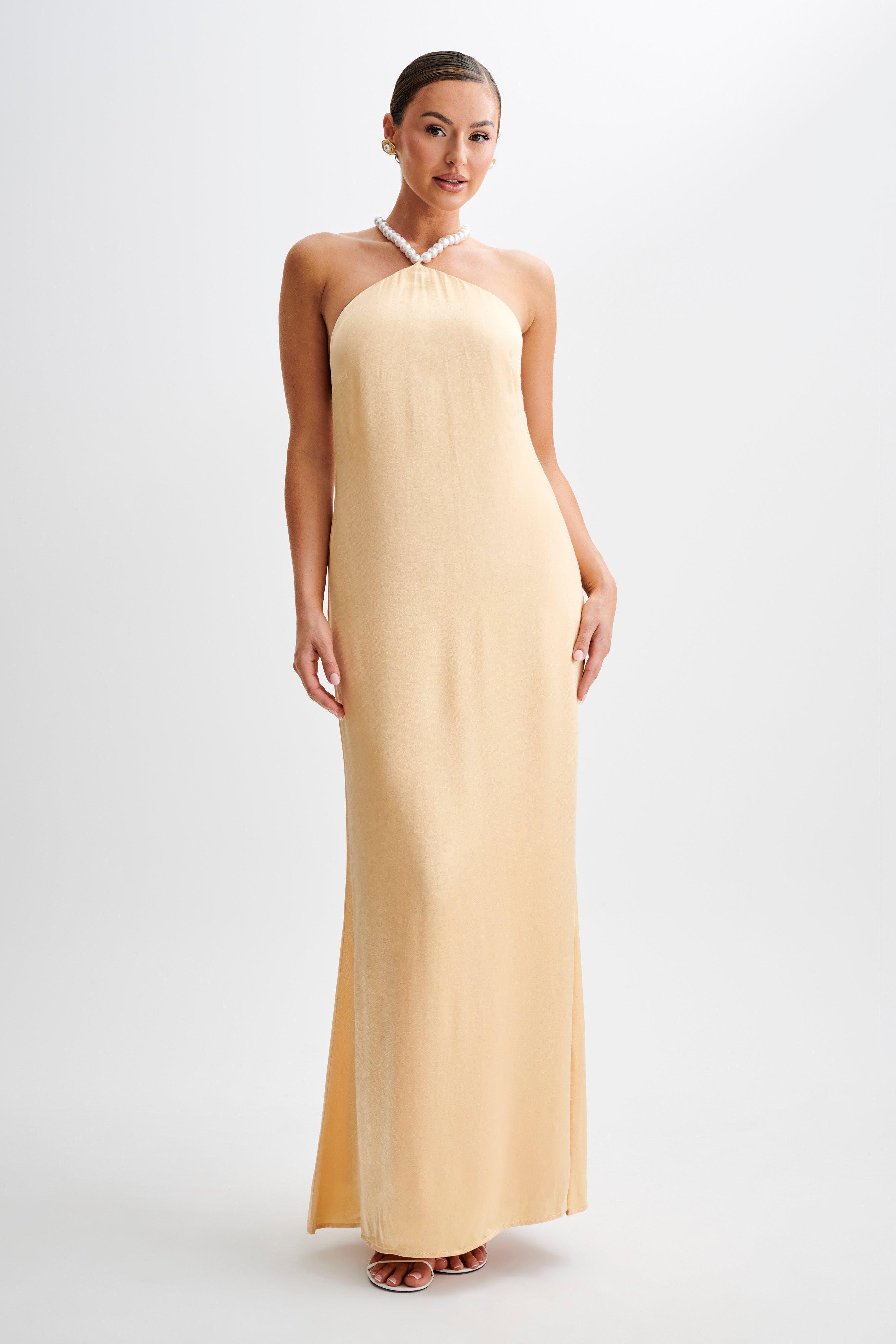 Blanche Satin Pearl Halter Maxi Dress - Peach Product Image