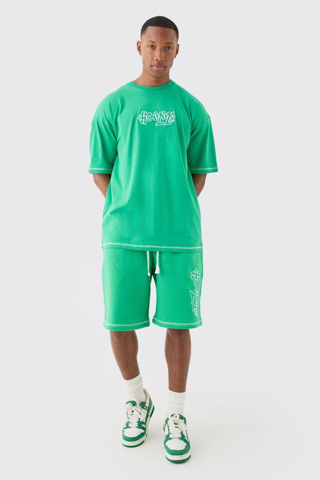 Mens Green Oversized Contrast Stitch Applique T-shirt & Short Set, Green Product Image