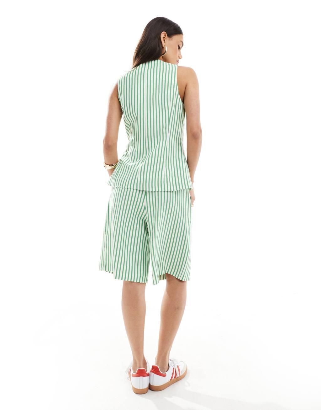 ASOS DESIGN longline high waist tailored shorts in green stripe - part of a set Product Image