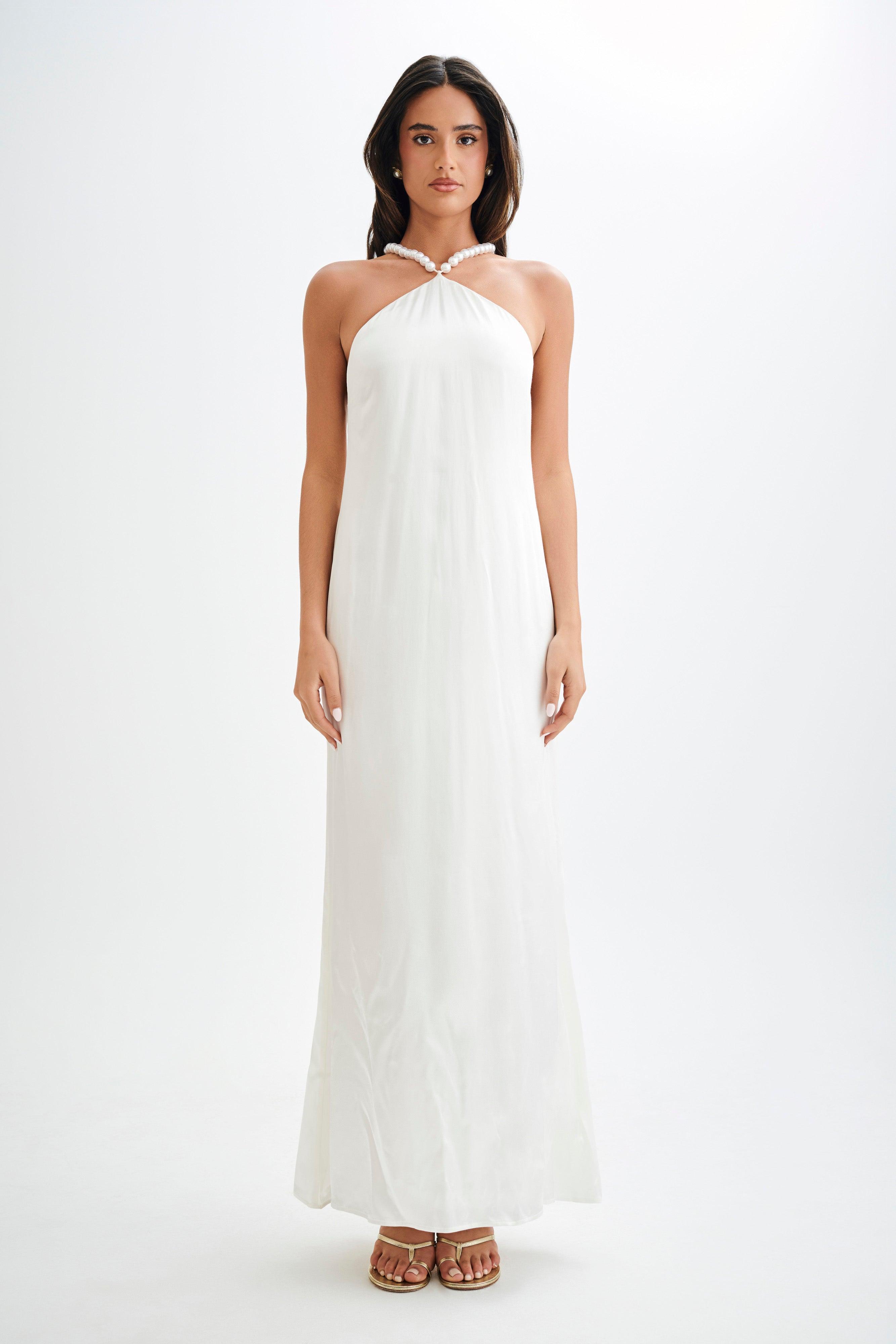 Blanche Satin Pearl Halter Maxi Dress - White Product Image