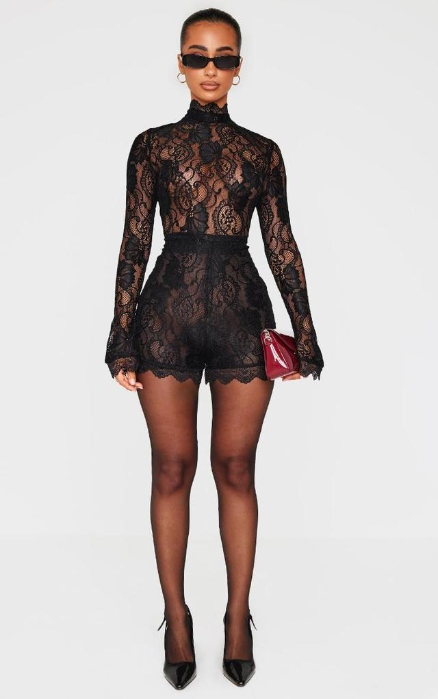 Petite Black Lace Long Sleeve Fitted Romper Product Image