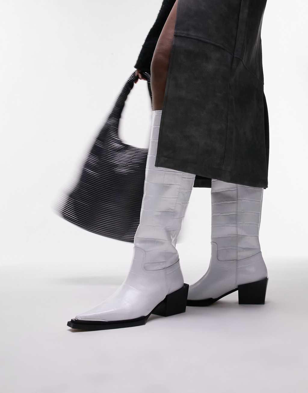 Topshop Rio leather western style knee high boots in white croc Product Image