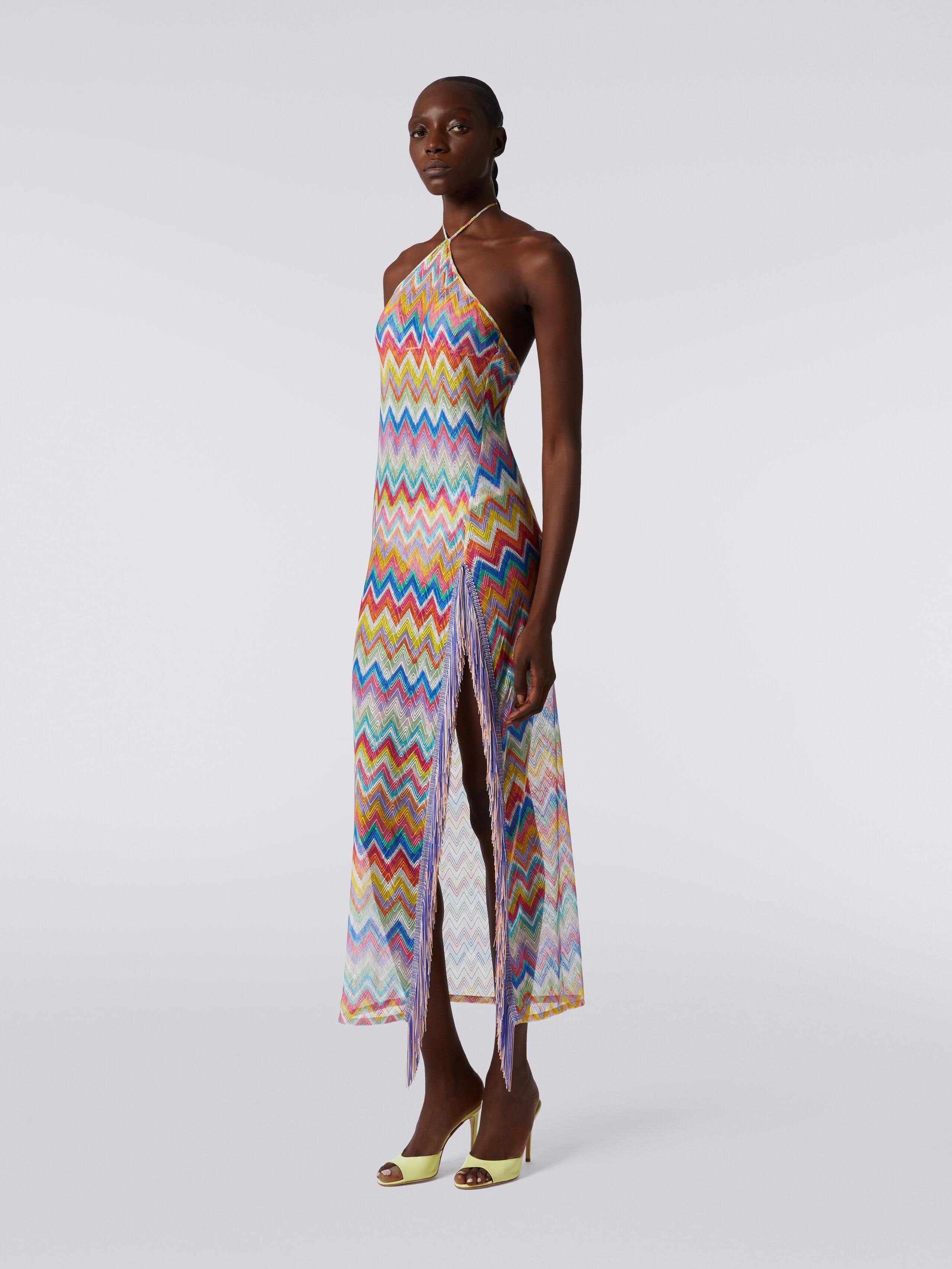 Long cover-up dress with zigzag print and fringes Product Image