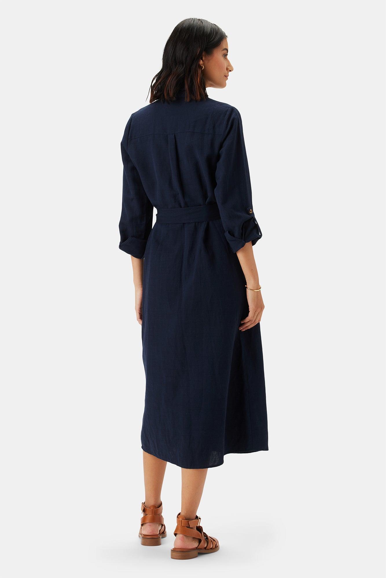 Joyce Cotton Linen Dress - Navy Blue Product Image