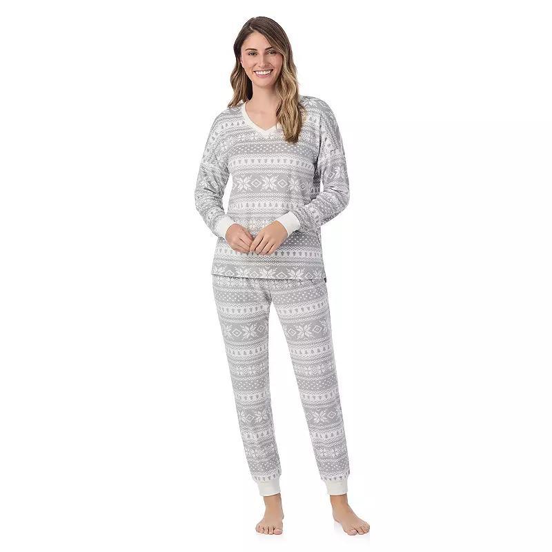 Womens Cuddl Duds Velour Fleece V-Neck Pajama Top & Pajama Bottoms Set Ivory Dog Product Image