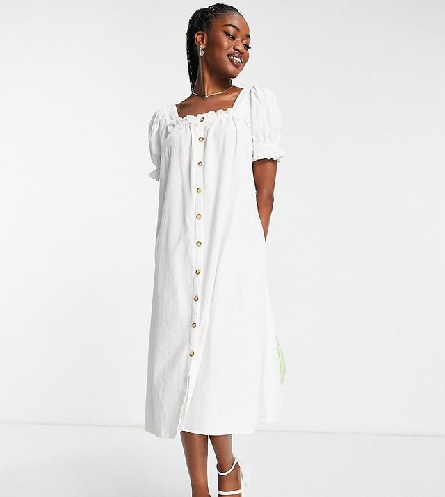 Pieces exclusive puff sleeve midi button through dress in white Product Image