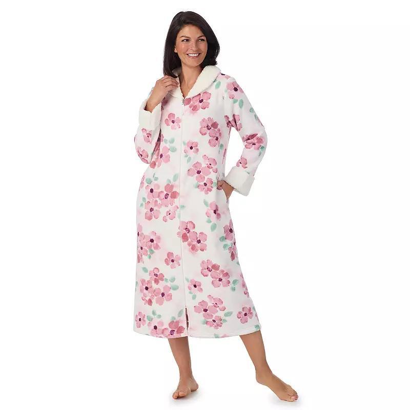 Womens Stan Herman Printed Plush Collar Zip Robe Ivory Blossom Product Image