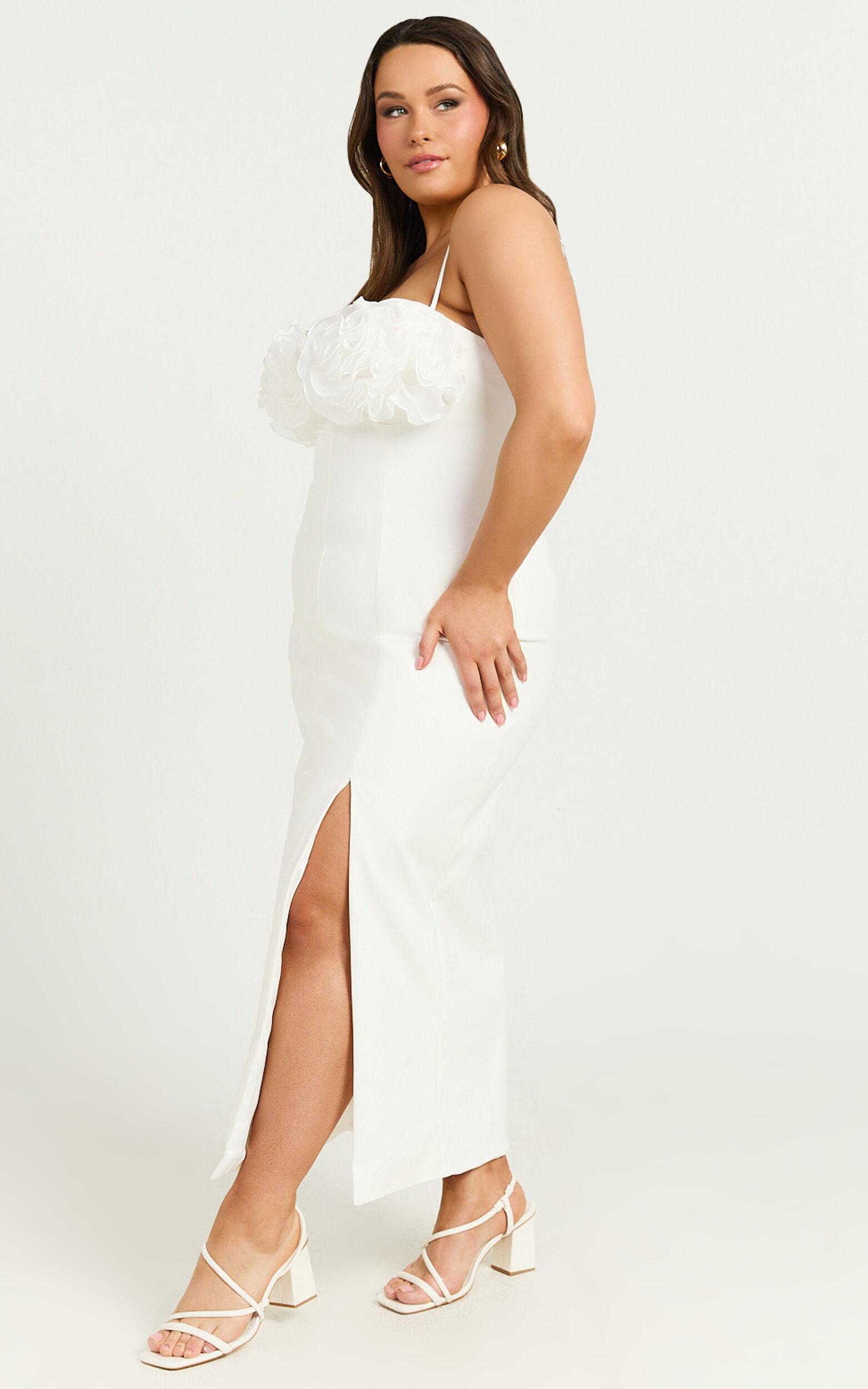 Benji Midi Dress - Ruffle Bodice Fitted Side Split Dress in Off White Product Image