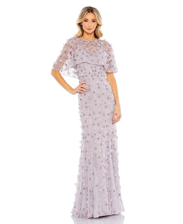 Mac Duggal Beaded Floral Illusion Short Cape Sleeve Sheath Gown Product Image