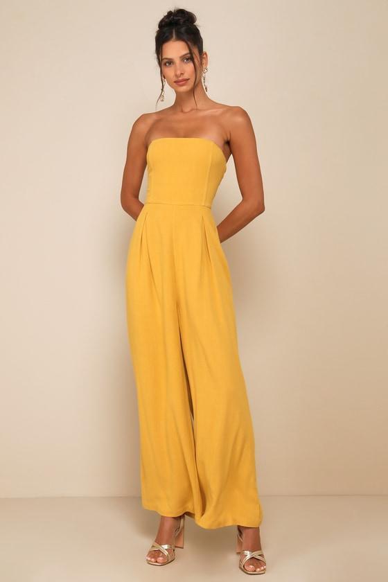 Breezy Essential Mustard Yellow Linen Wide-Leg Jumpsuit Product Image