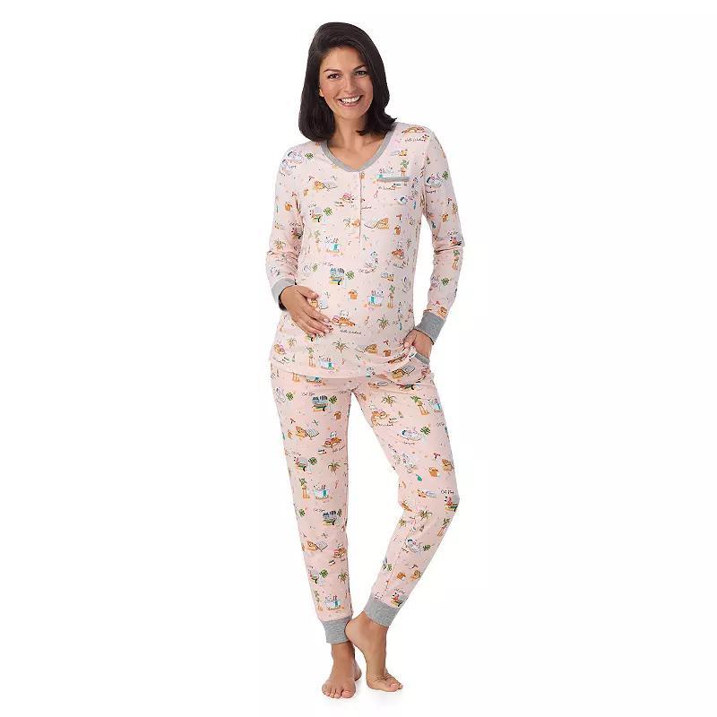 Maternity Cuddl Duds Cozy Henley Pajama Top & Banded Bottom Pajama Pants Sleep Set, Womens Green Dogs Product Image