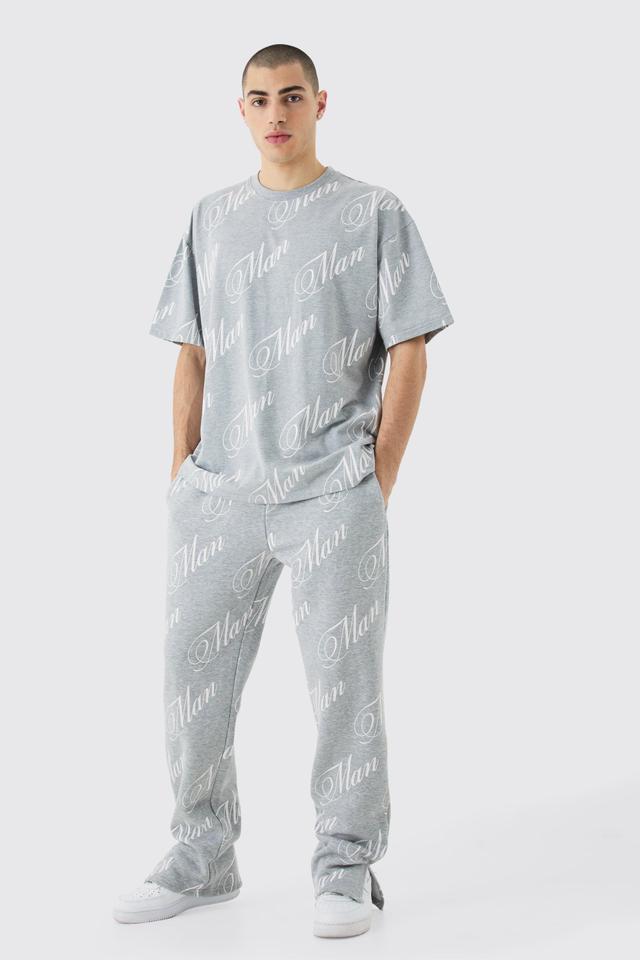 Man Script All Over Print Split Hem Tshirt & Sweatpants Set | boohooMAN USA Product Image