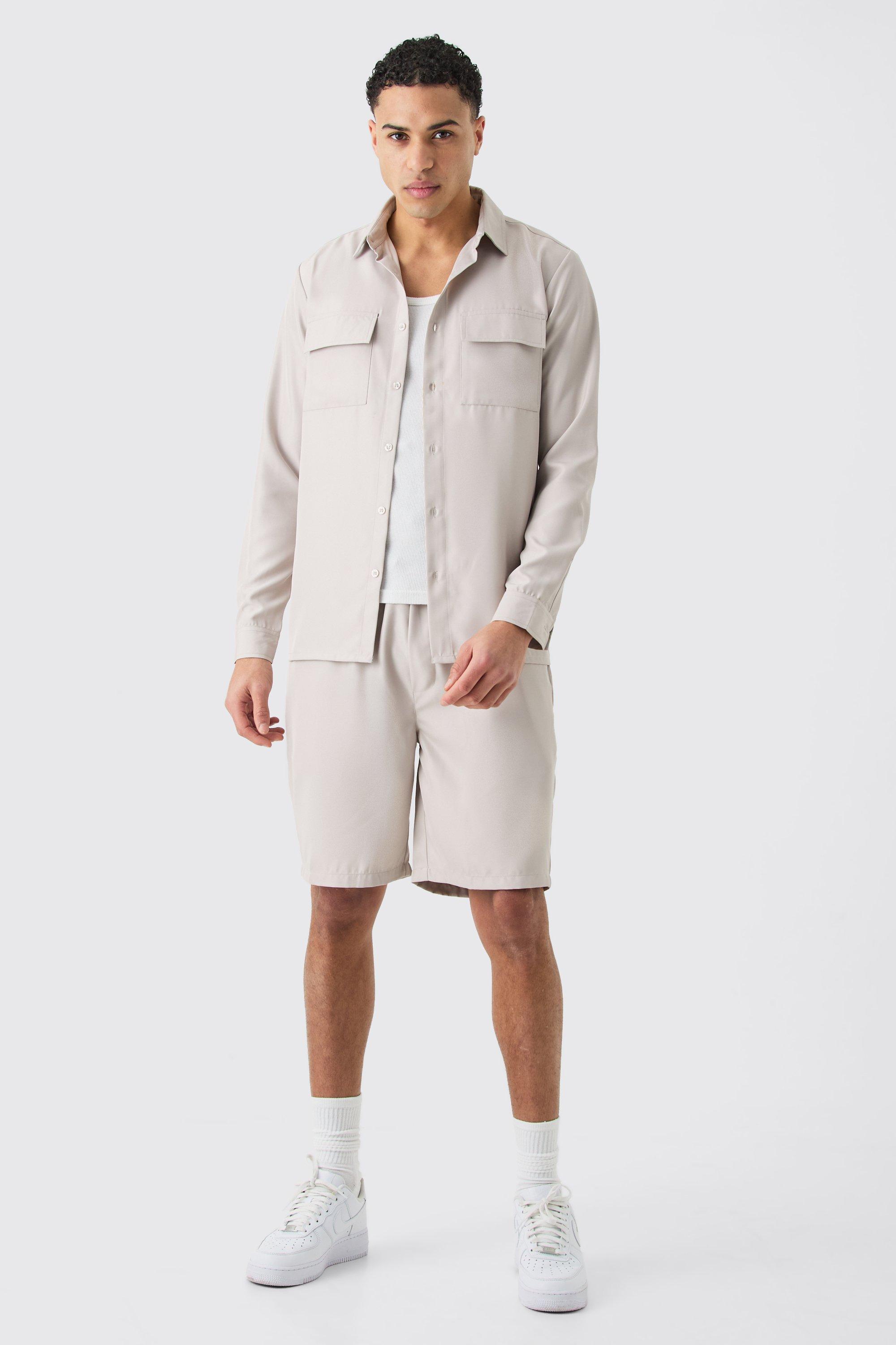 Mens Grey Soft Twill Overshirt And Short Set, Grey Product Image