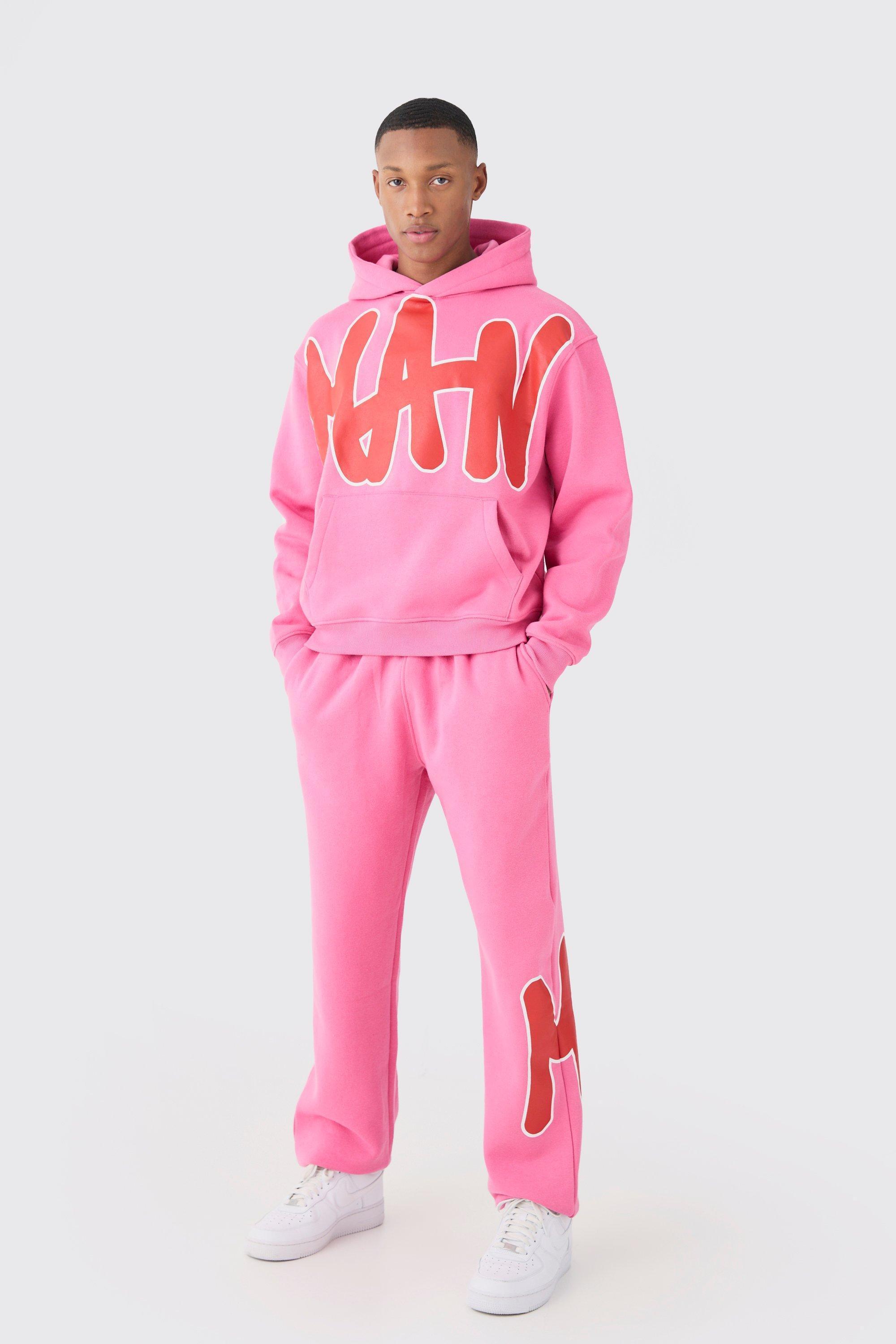 Mens Pink Oversized Man Graphic Hooded Tracksuit, Pink Product Image