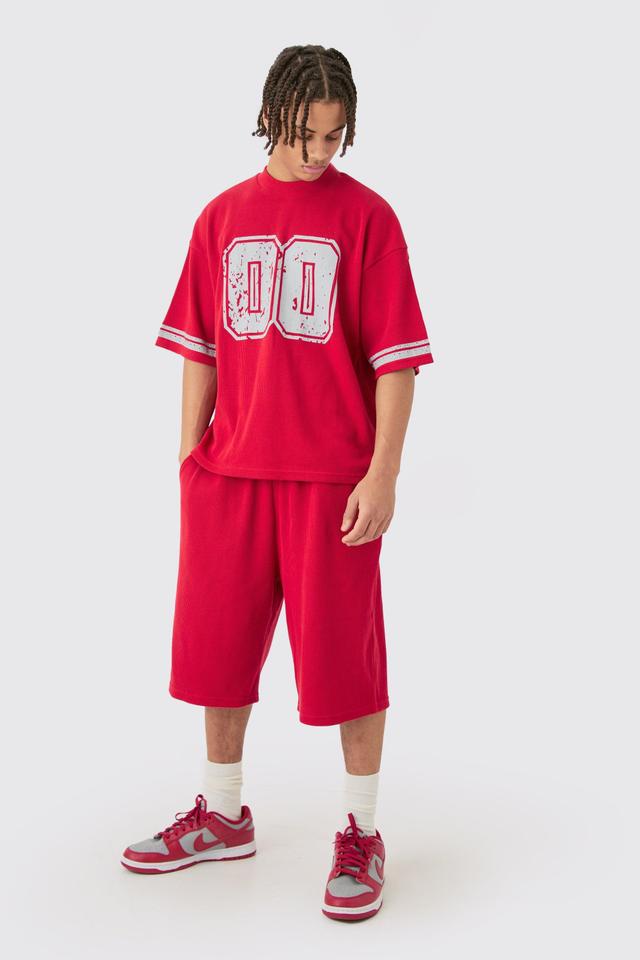 Oversized Boxy Heavyweight Waffle Varsity T-shirt & Short Set | boohooMAN USA Product Image