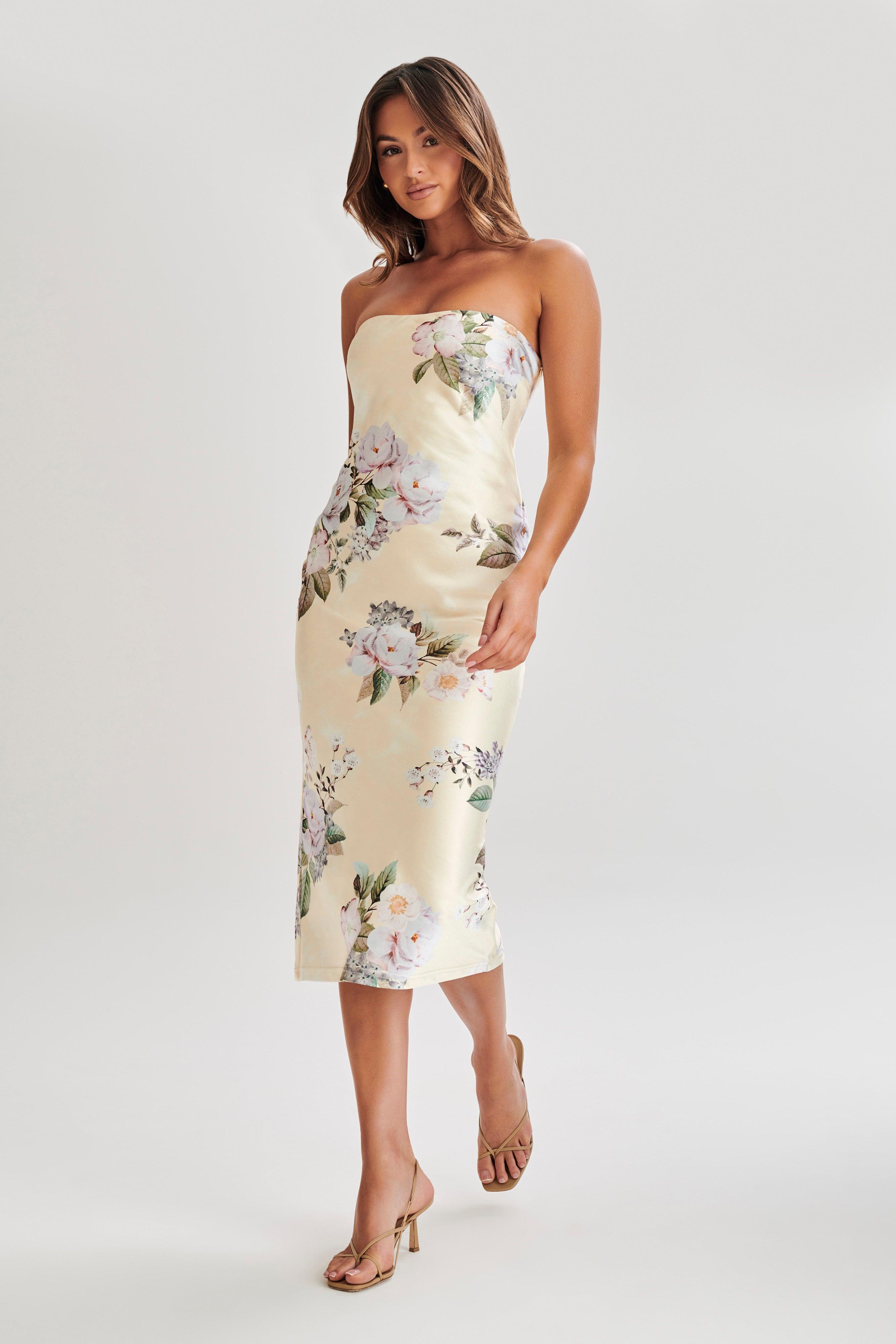 Tyler Strapless Satin Midi Dress - Lemon Floral Print Product Image