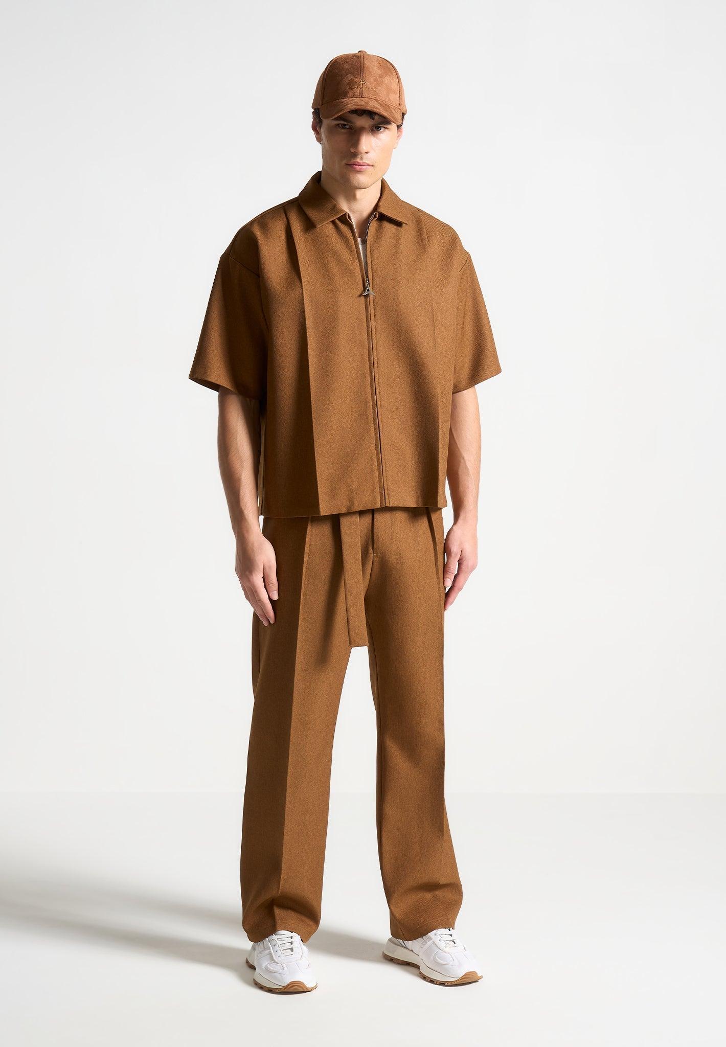 Relaxed Fit Textured Belted Tailored Trousers - Fawn Male Product Image