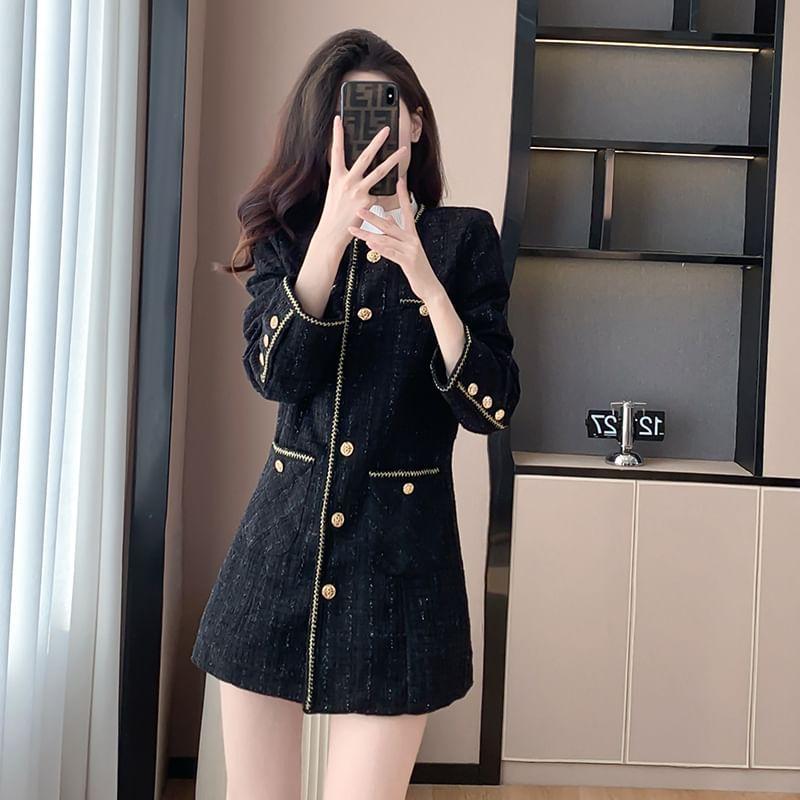 Round Neck Tweed Button Up Coat Product Image