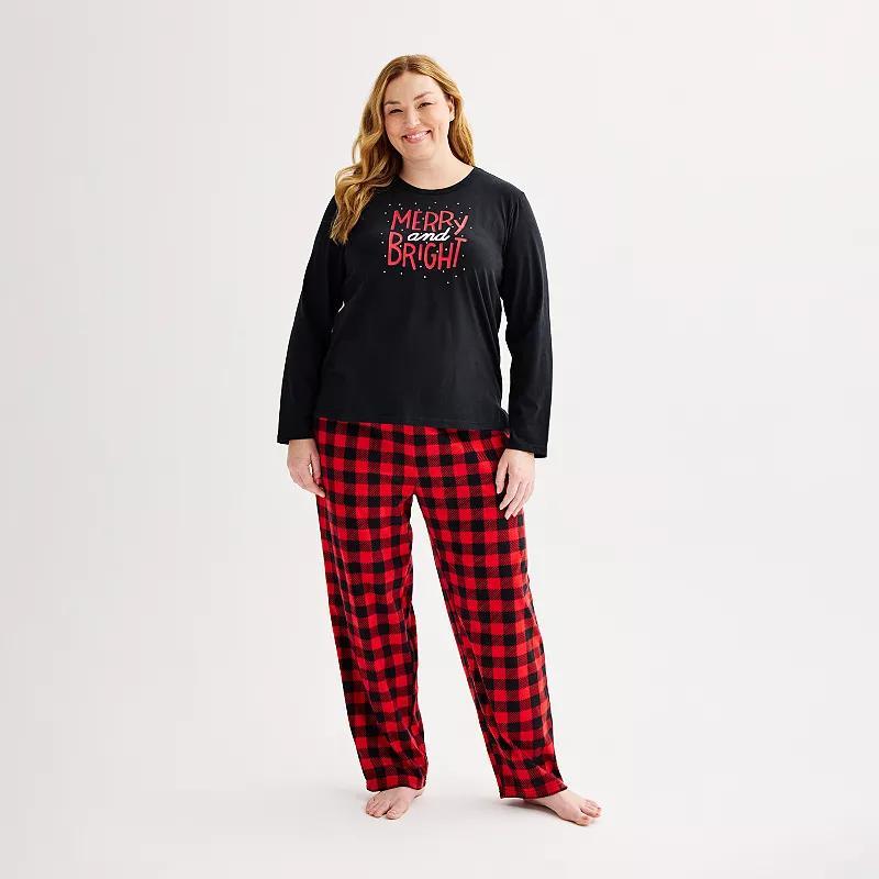 Plus Size Jammies For Your Families Merry & Bright Buffalo Plaid Pajama Top & Fleece Wide Leg Pajama Bottoms Set, Womens Product Image