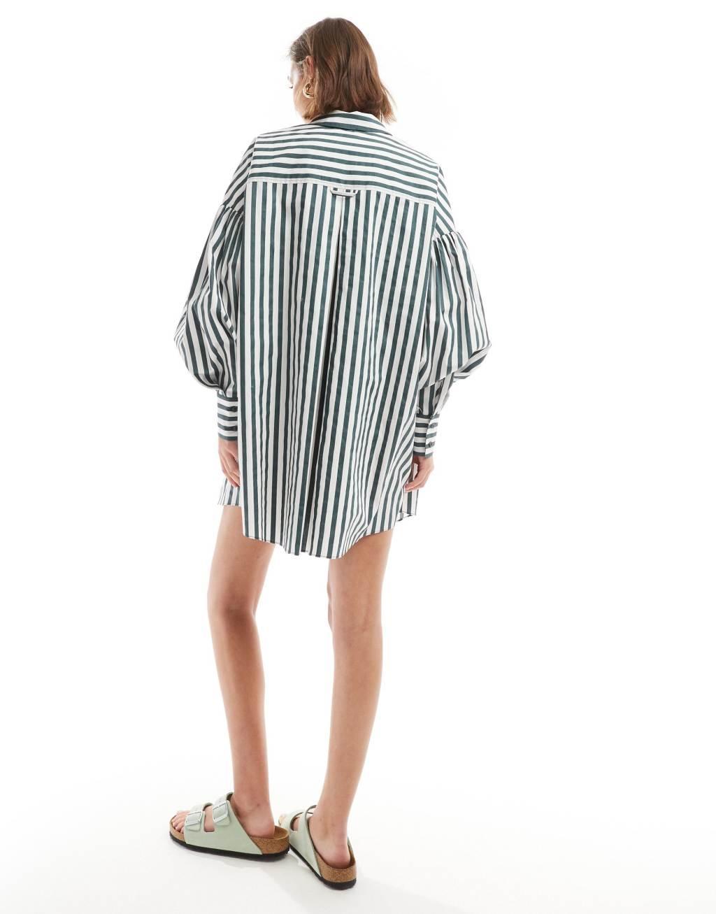 ASOS DESIGN boyfriend shirt mini dress with blouson sleeve in green stripe Product Image