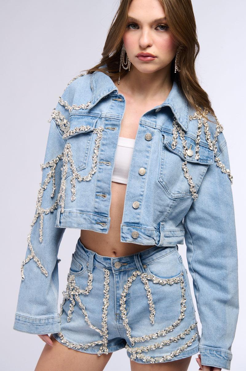 MAKE A WISH RHINESTONE EMBELLISHED DENIM JACKET Product Image