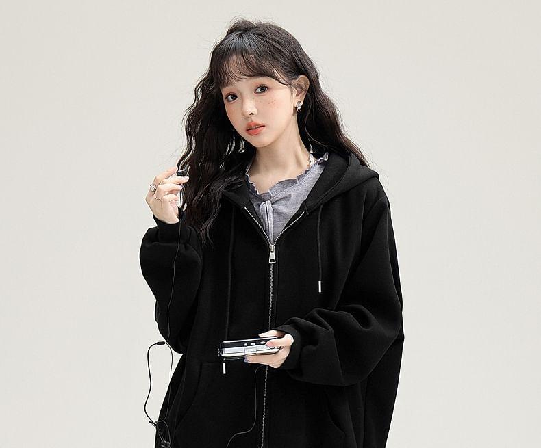 Plain Zip-Up Hoodie Product Image