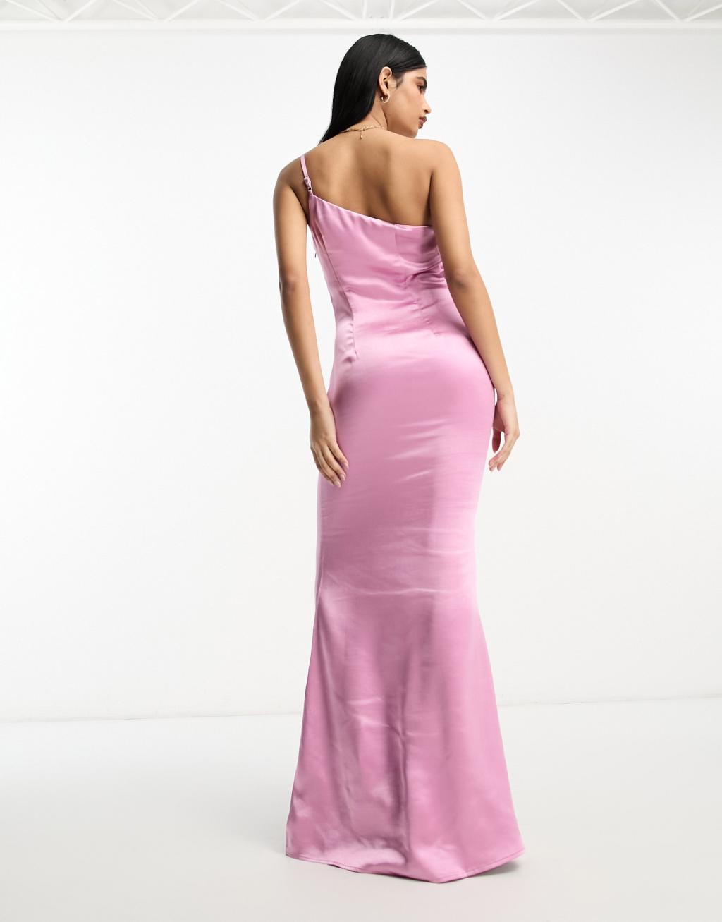 Pretty Lavish Bridesmaid Amelia one shoulder satin maxi dress in mauve Product Image