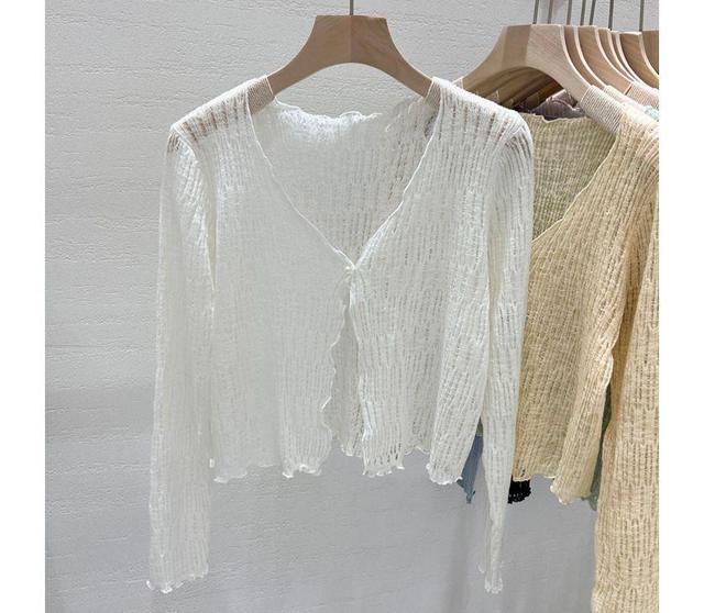 V-Neck Lettuce Edge Plain Cropped Cardigan Product Image