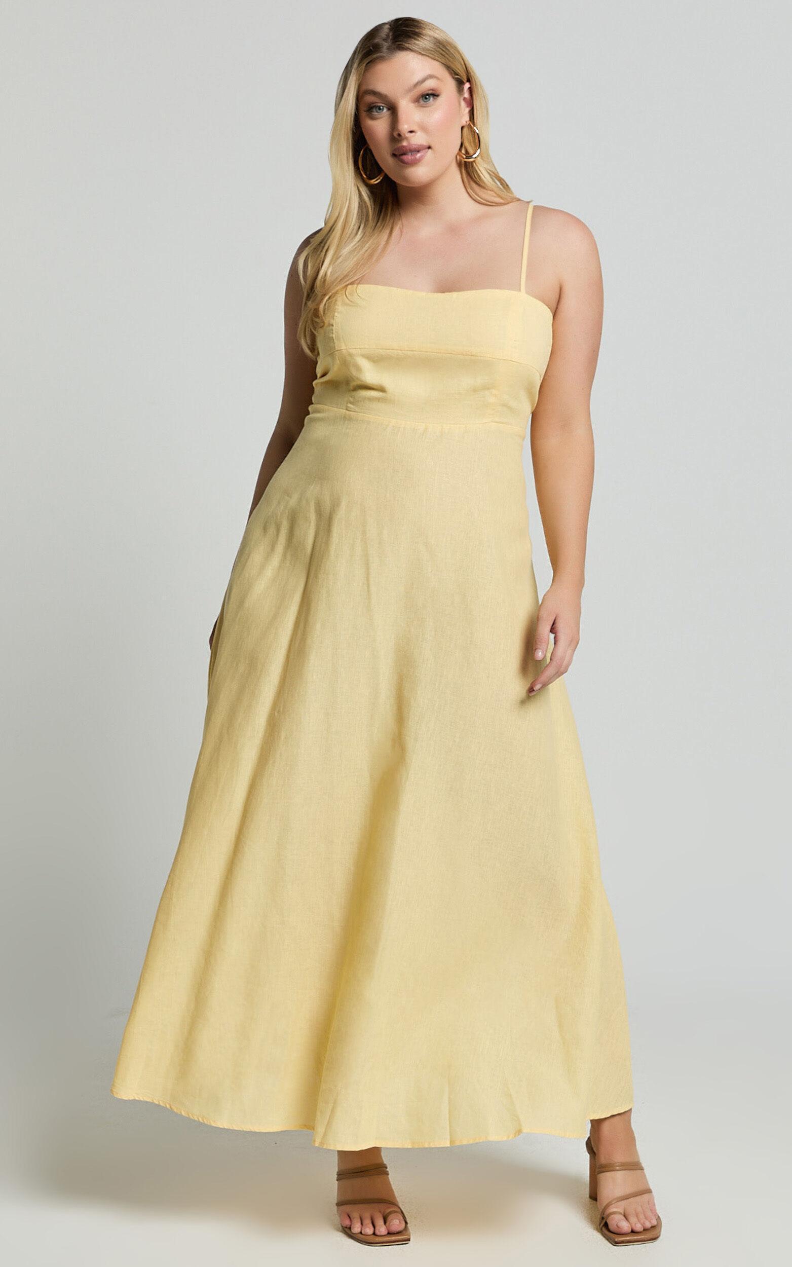 Brette Midi Dress - Linen Look Straight Neck Strappy Fit And Flare Dress in Lemon Product Image