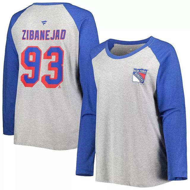 Women's Fanatics Branded Mika Zibanejad Heather Gray/Heather Blue New York Rangers Plus Size Name & Number Raglan Long Sleeve T-Shirt Product Image