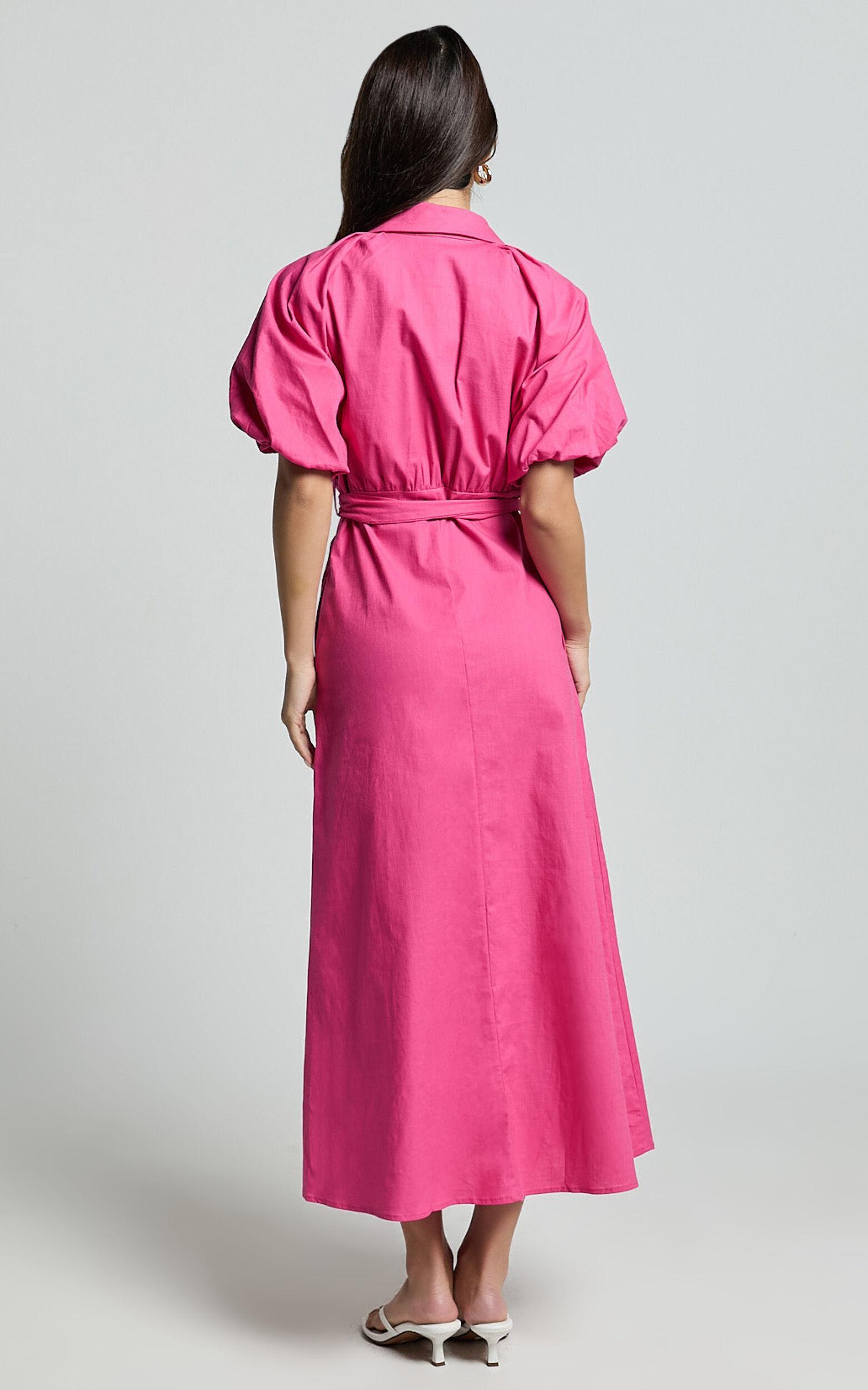 Jesse Midi Dress - Puff Sleeve Collared Shirt Dress in Hot Pink Product Image