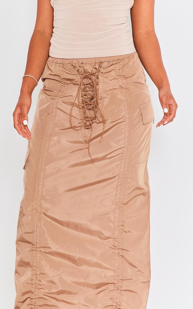 Camel Shell Ruched Front Toggle Detail Cargo Maxi Skirt Product Image