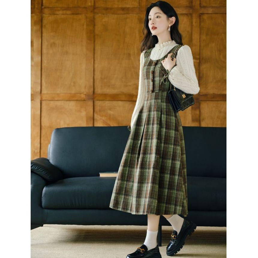 Mock Two-Piece Long-Sleeve Plaid Panel Frill Trim Midi A-Line Dress Product Image