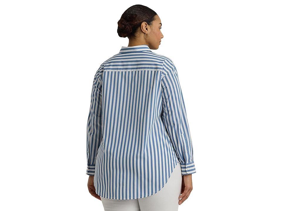 LAUREN Ralph Lauren Plus-Size Oversize Striped Cotton Broadcloth Shirt (Pale Azure/White) Women's Clothing Product Image