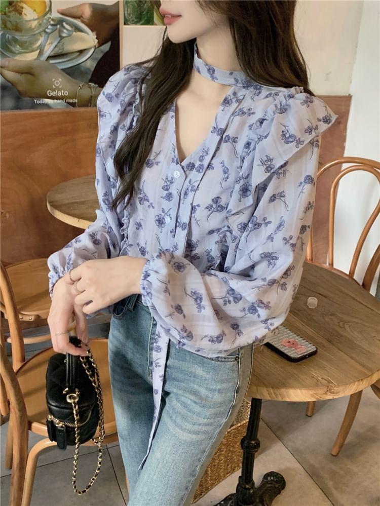 Long-Sleeve Ruffle Floral Print Blouse Product Image