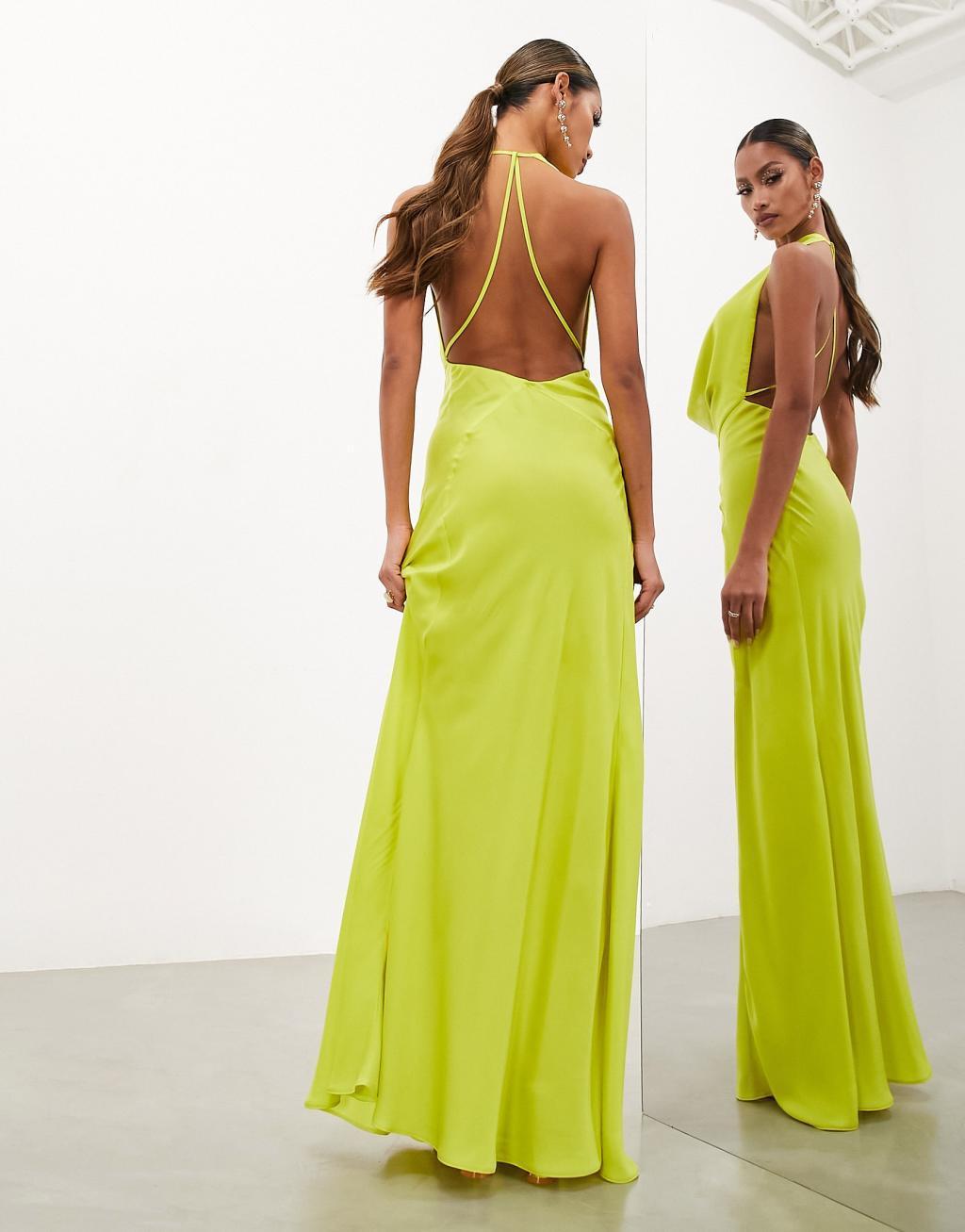 ASOS EDITION satin statement cowl neck maxi dress in lime green Product Image