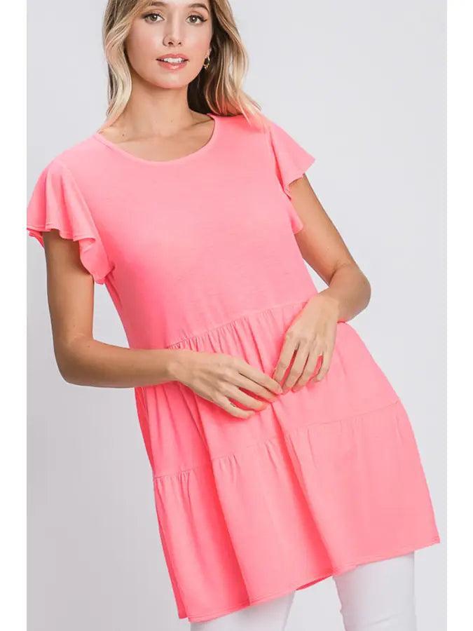 Hot Pink Short Sleeve Ruffled Shirt Female Product Image