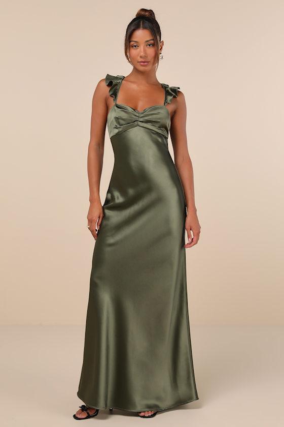 Exuberant Luxury Olive Green Satin Ruffled Lace-Up Maxi Dress Product Image