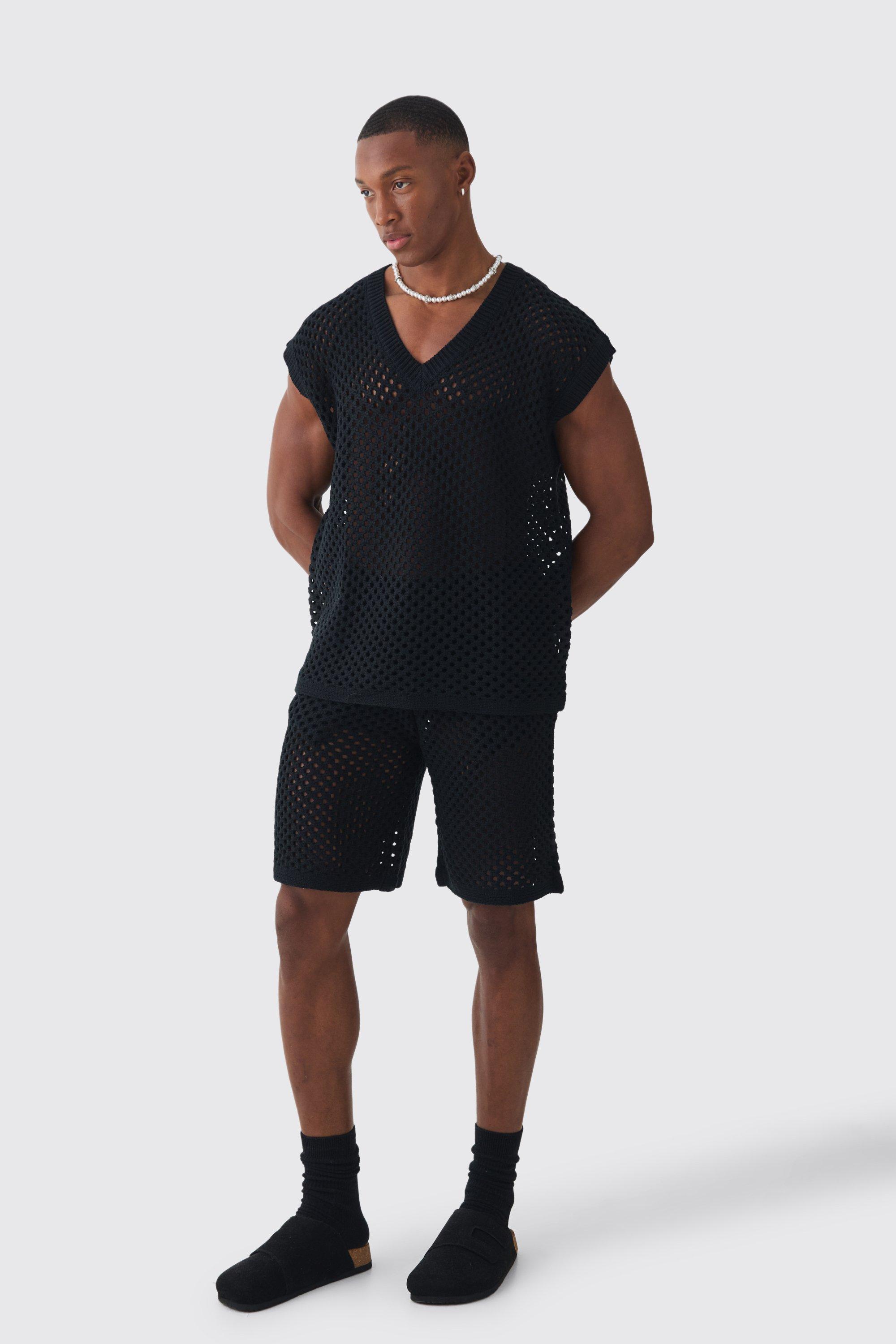 Oversized Open Stitch V Neck Tank Short Set With Metal Tab | boohooMAN USA Product Image